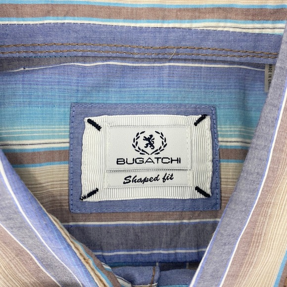 Bugatchi Mens Coastal Striped Button Down Shirt Large Blue Brown Long Sleeve - Picture 4 of 8